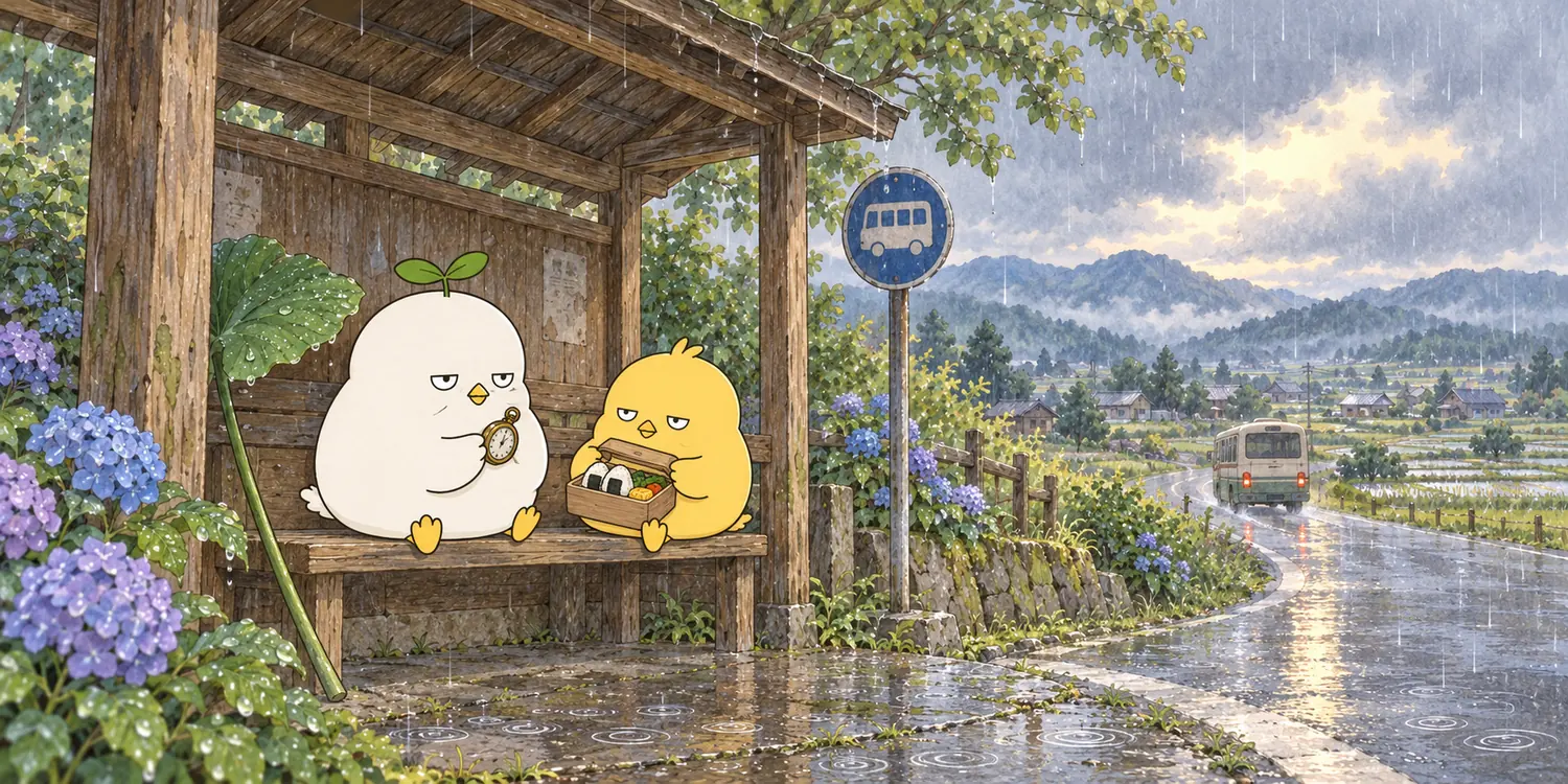 雨のバス停で時計を見るこもりとお弁当を開くぽつり