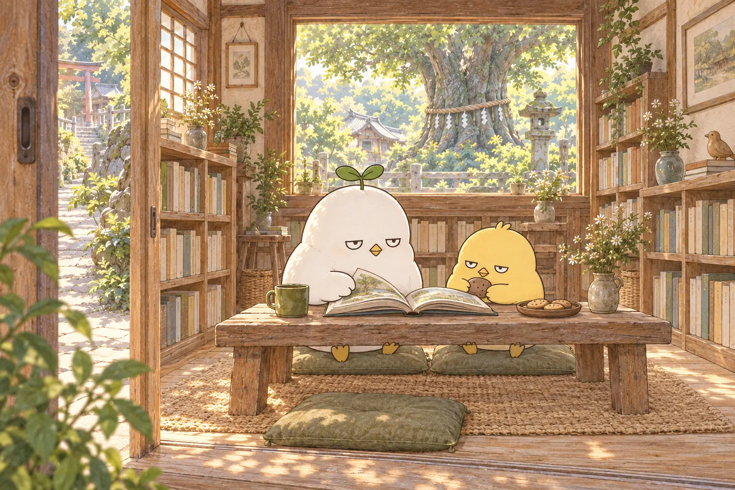 神社の木々を窓に眺めながら本を開くこもりとぽつり