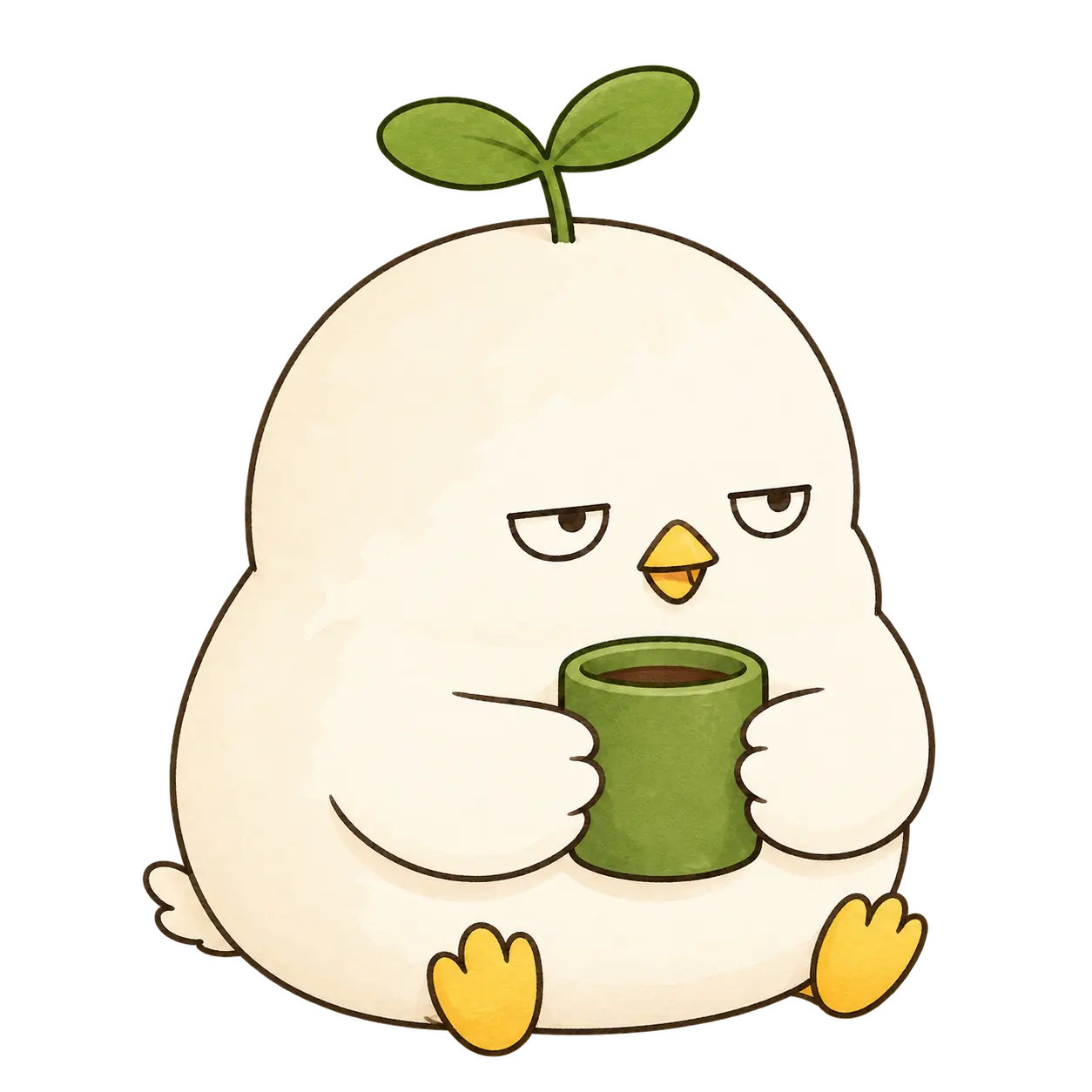 緑のマグカップを持って座るこもり