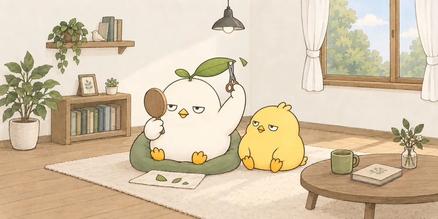 鏡を見ながら大きく育った葉を整えるこもりと見守るぽつり
