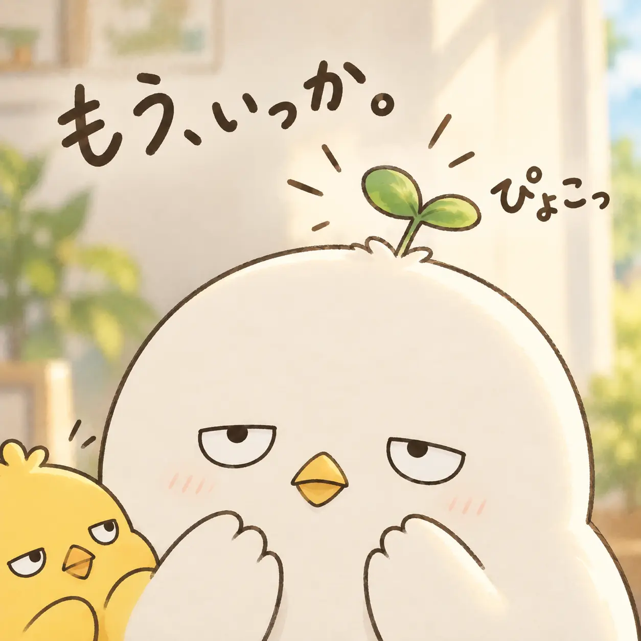 頭に小さな葉っぱが芽生えたこもりと、そばにいるぽつり
