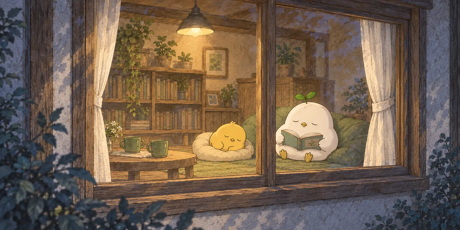 夜の窓越しに見える本を開いたこもりと眠るぽつり