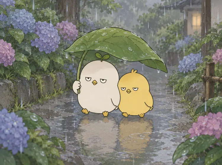 葉っぱの傘で雨宿り