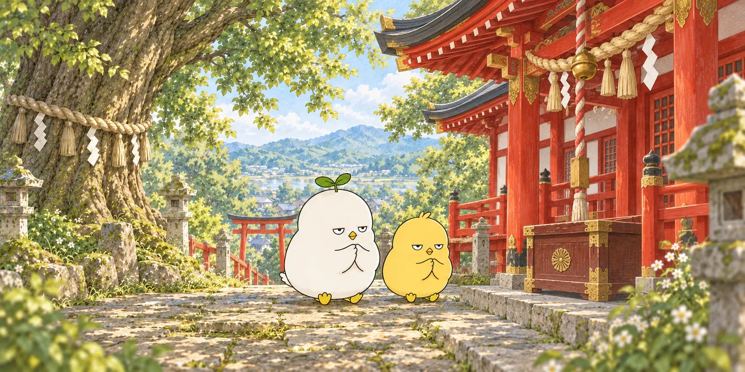 御神木と朱塗りの拝殿の前で静かに祈るこもりとぽつり
