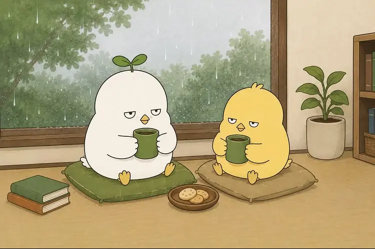 雨を眺めてお茶を飲むふたり